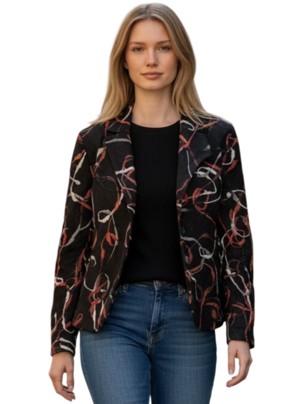 Maralyce Ferree Black Patterned Notch-Collar Blazer with Red and Cream Swirl